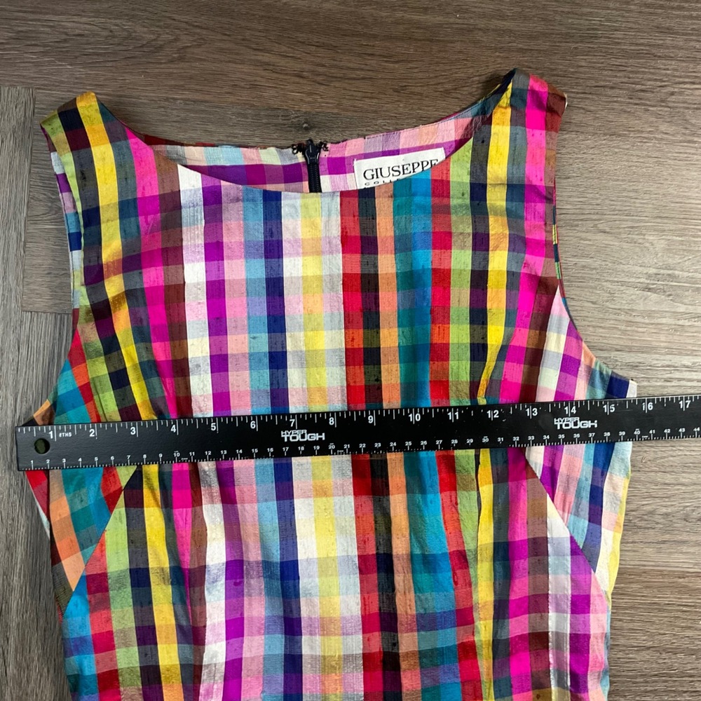VTG Giuseppe Collection 100% Silk Madras Plaid Sheath Dress 4 Rainbow Lined - Picture 4 of 7